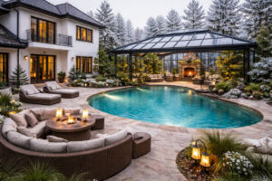 Villa önünde cam kapalı havuzlu kış bahçesi ve şömineli lüks peyzaj tasarımı