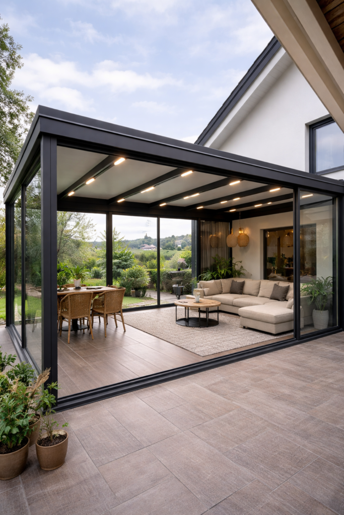 Sandviç panel çatılı modern kış bahçesi sistemi ve cam kaplama alan