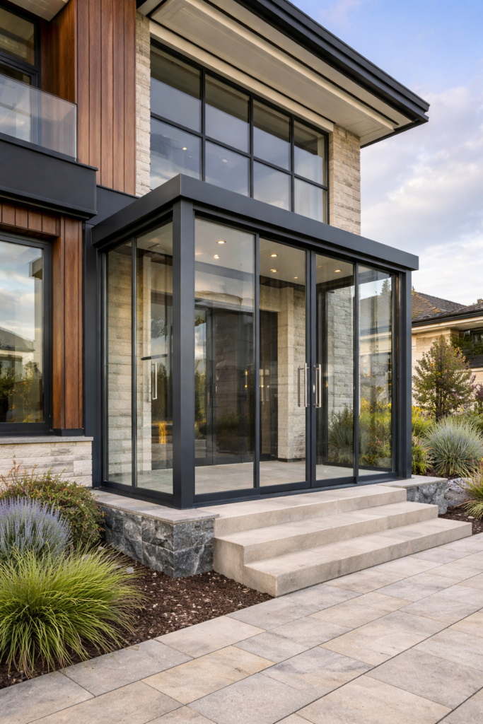 modern villa giriş rüzgarlık cam sistem