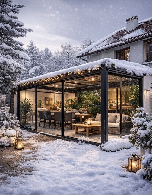 yalova kış bahçesi modern cam sistem kar manzaralı