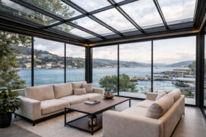 balkon kış bahçesi modern cam sistem deniz manzaralı tasarım