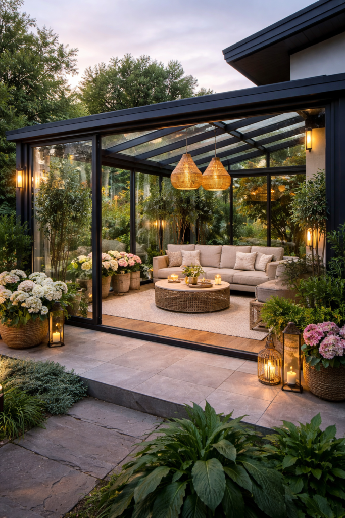 Modern ve şık tasarıma sahip cam teras kış bahçesi yaşam alanı