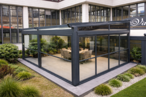 Göktürk kış bahçesi modern cam sistem, pergola ve sürgülü cam ile villa bahçe kapama uygulaması