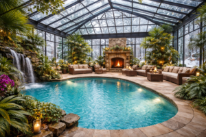 Kapalı cam kış bahçesinde şömine ve ısıtmalı havuz bulunan lüks peyzaj tasarımı