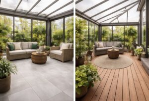 kış bahçesi zemin modelleri modern seramik ve ahşap deck zemin uygulaması