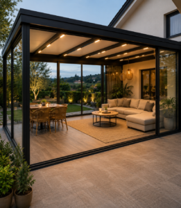 Modern balkon kış bahçesi cam kapama sistemi ve şık oturma alanı