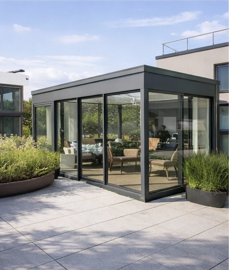 modern düz tavan kış bahçesi modeli cam ve alüminyum sistem villa bahçe