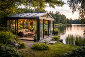 göl kenarında cam kış bahçesi modern veranda cam sistem