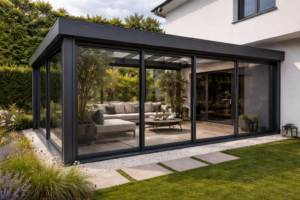 Isıcam sürgülü antrasit alüminyum kış bahçesi füme cam sistem