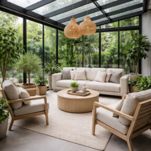 Sade mobilyalarla dekore edilmiş modern teras kış bahçesi tasarımı