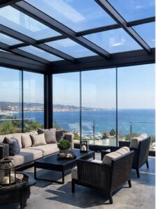 cam balkon kış bahçesi modeli, deniz manzaralı modern balkon kapatma sistemi