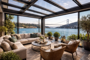 İstanbul Boğaz manzaralı modern kış bahçesi cam sistemleri