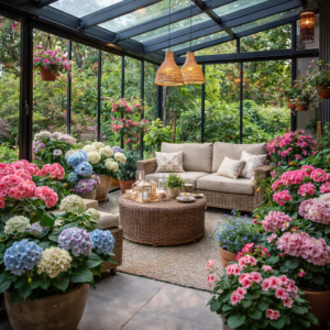 Teras kış bahçesinde çiçekli dekorasyon örneği