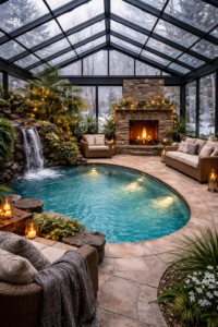 Küçük havuzlu cam kış bahçesi, şömineli ve şelaleli kompakt lüks tasarım