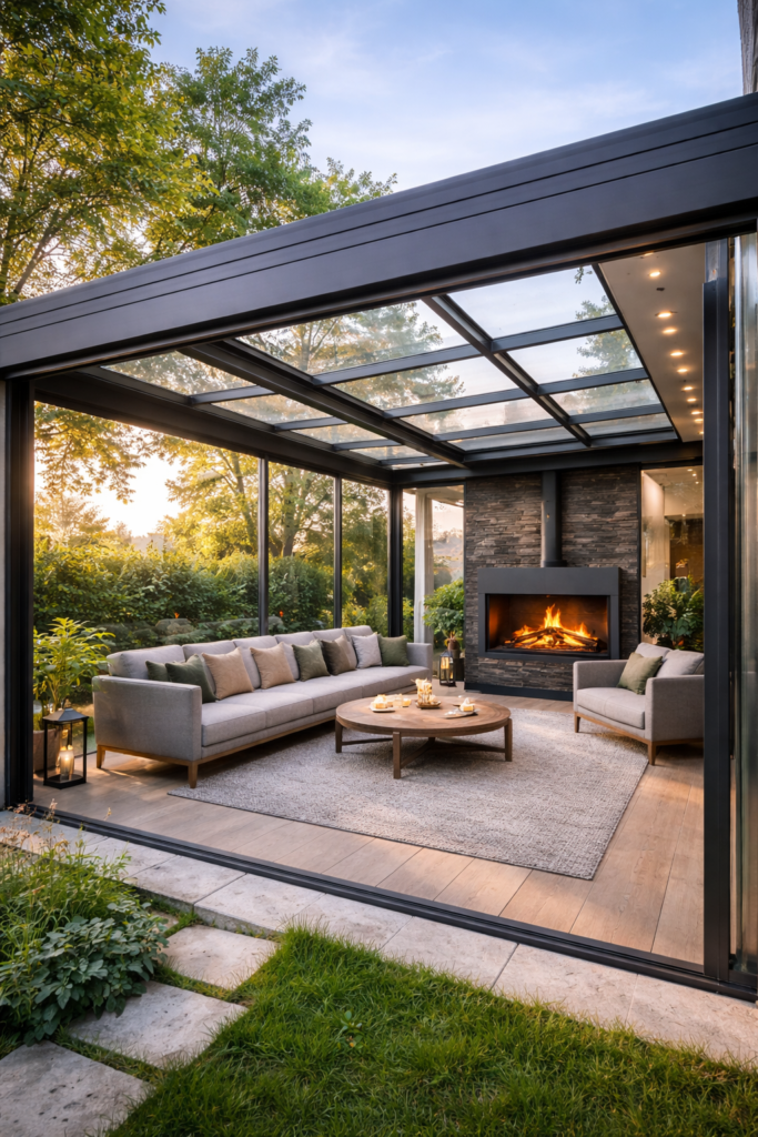 kış bahçesi cam tavan modern alüminyum sistem şömineli kış bahçesi
