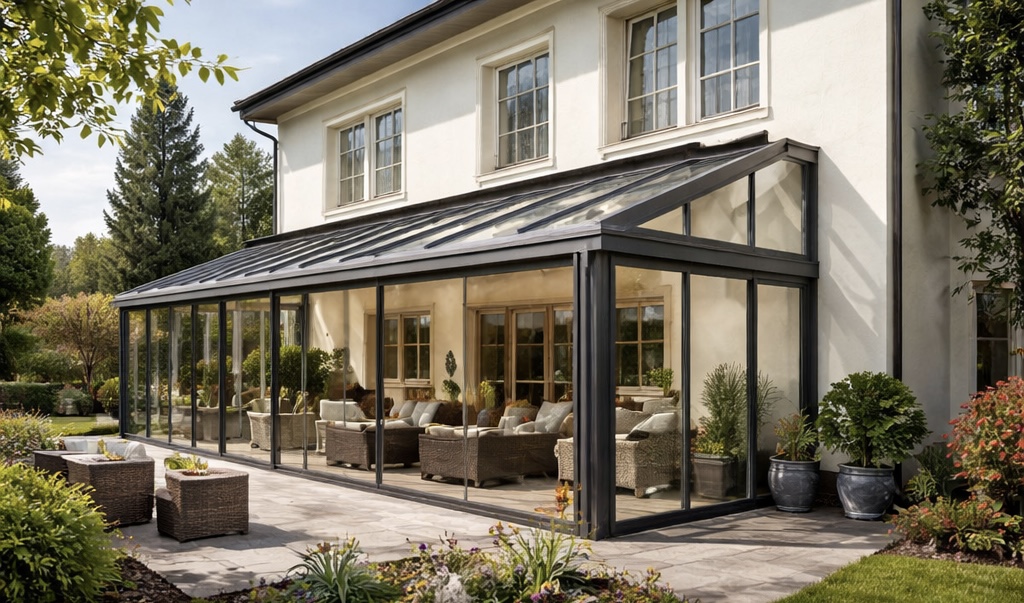 villa duvarına bitişik eğimli cam kış bahçesi modeli