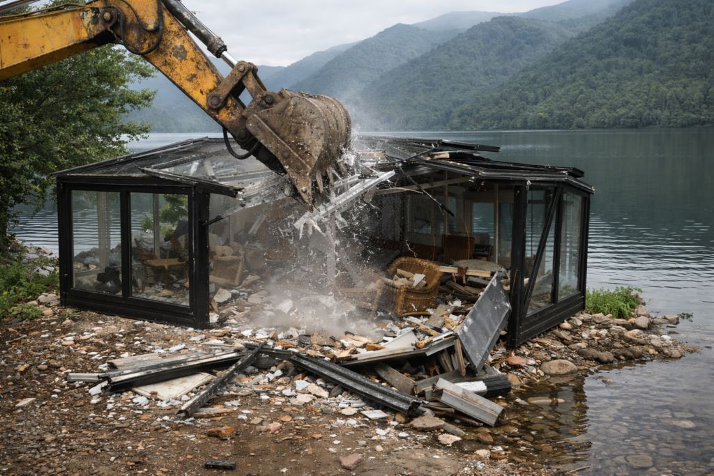 belediye ekipleri tarafından kaçak cam kış bahçesi yıkım çalışması