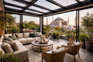 Ayasofya manzaralı modern kış bahçesi cafe konsepti İstanbul