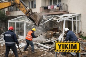 kaçak kış bahçesi yıkımı belediye ekipleri cam veranda yıkım işlemi