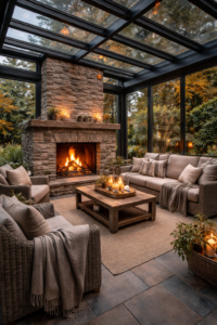 şömineli kış bahçesi modeli modern cam sistem ve taş şömine tasarımı