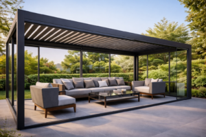 Açılır kapanır pergola sistem hazır kış bahçesi modern dış mekan oturma alanı