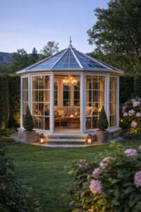 ışıklandırmalı sekizgen kış bahçesi akşam görünümü cam veranda tarzı yapı