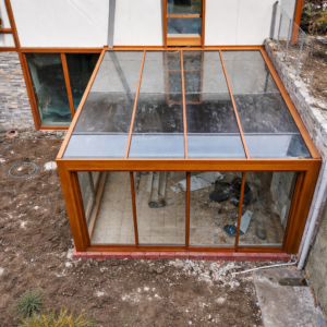 Alüminyum ve cam sistemlerle tasarlanmış modern müstakil kış bahçesi, dört mevsim konforlu kullanım sunar.