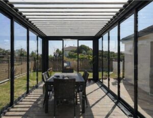 Gömeç bioklimatik kış bahçesi pergola alüminyum açılır tavan sistemi