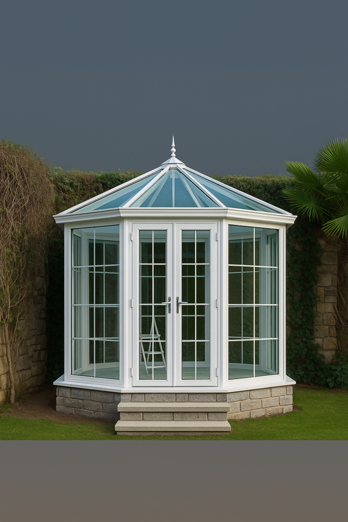 bahçeye kurulan cam köşk tarzı sekizgen kış bahçesi tasarımı