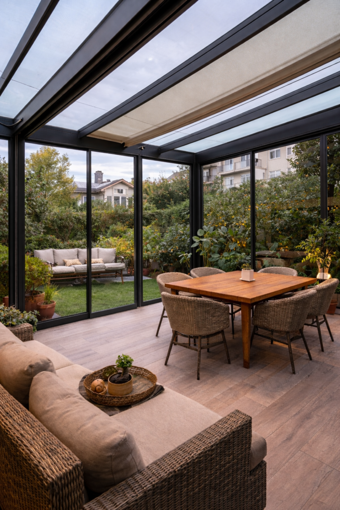 Taksim kış bahçesi iç mekan cam tavanlı modern kış bahçesi modeli