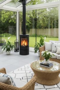 bahçe manzaralı şömineli kış bahçesi modern cam sistem silindirik şömine tasarımı