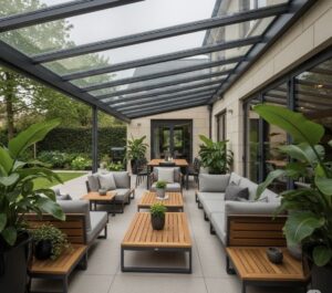 balkon kış bahçesi dekorasyonu modern oturma alanı bitkili tasarım