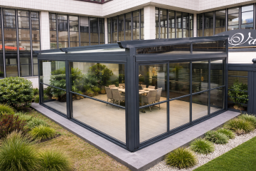 Göktürk kış bahçesi modern cam sistem, pergola ve sürgülü cam ile villa bahçe kapama uygulaması