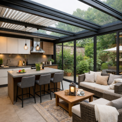 mutfaklı kış bahçesi cam tavanlı modern tasarım oturma alanlı sistem
