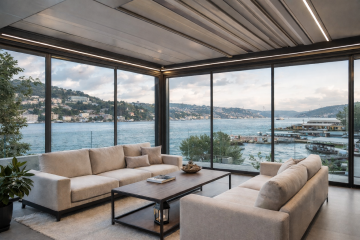 Bebek kış bahçesi boğaz manzaralı cam sistem, modern oturma alanı ve pergola kış bahçesi tasarımı